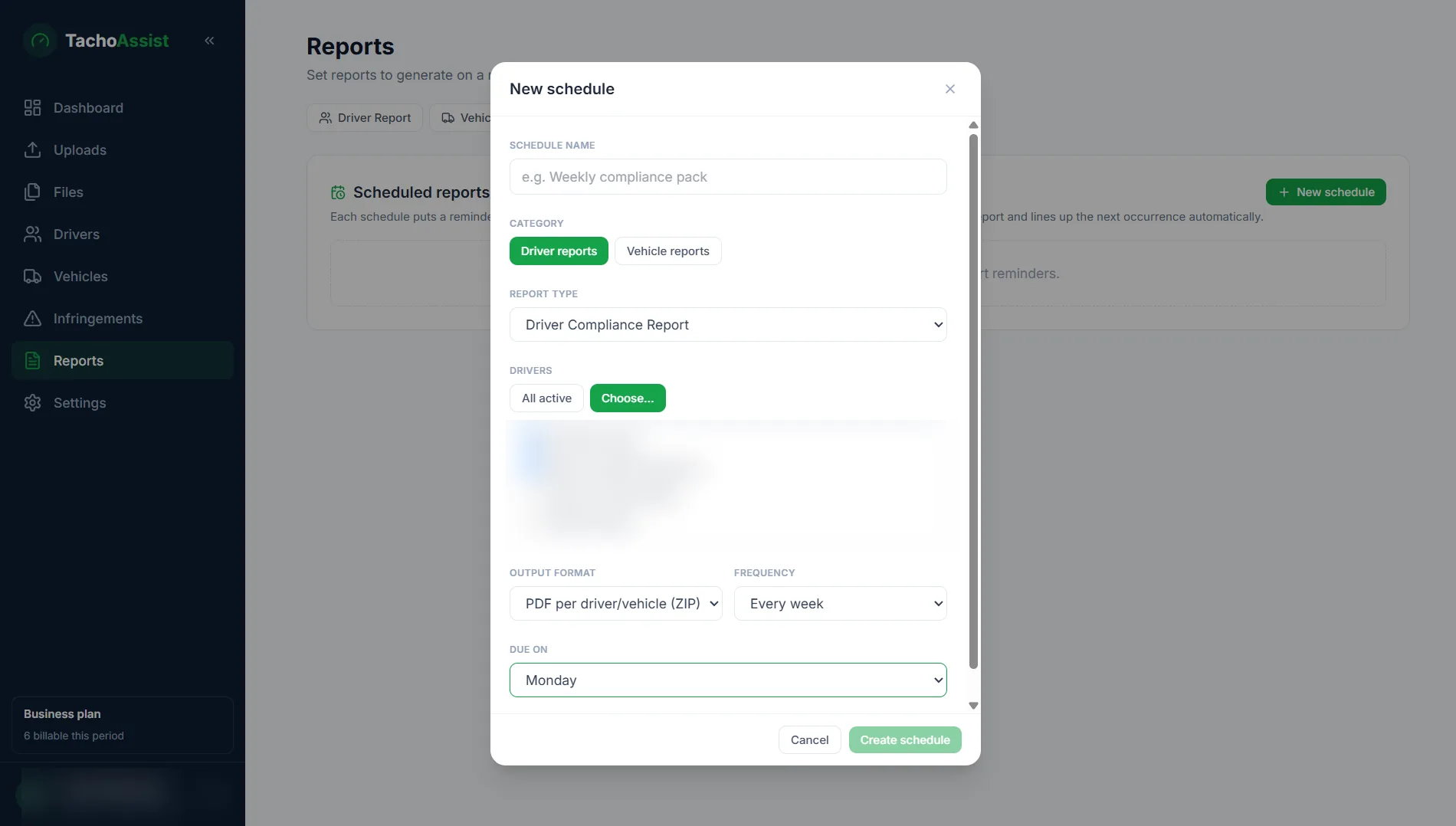 TachoAssist scheduled report configuration for recurring driver and vehicle reporting