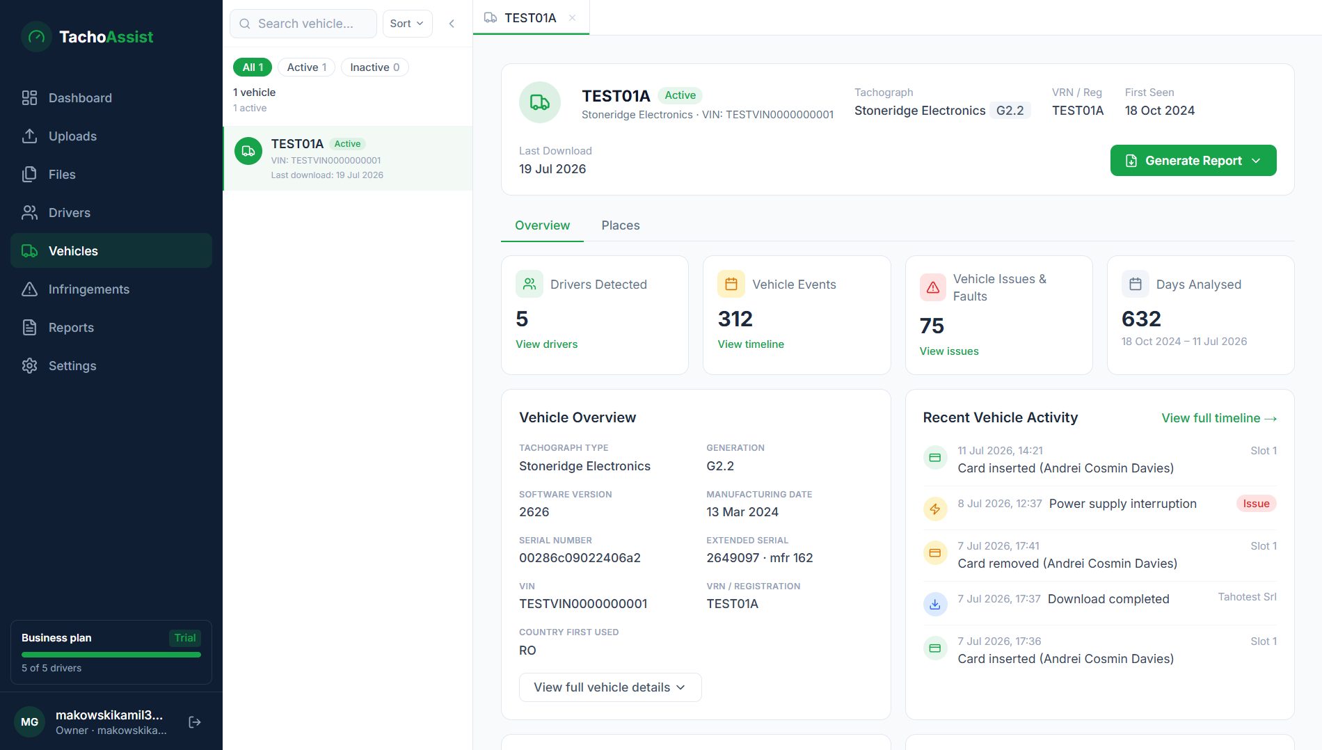 TachoAssist vehicle workspace with vehicle unit status and fleet records