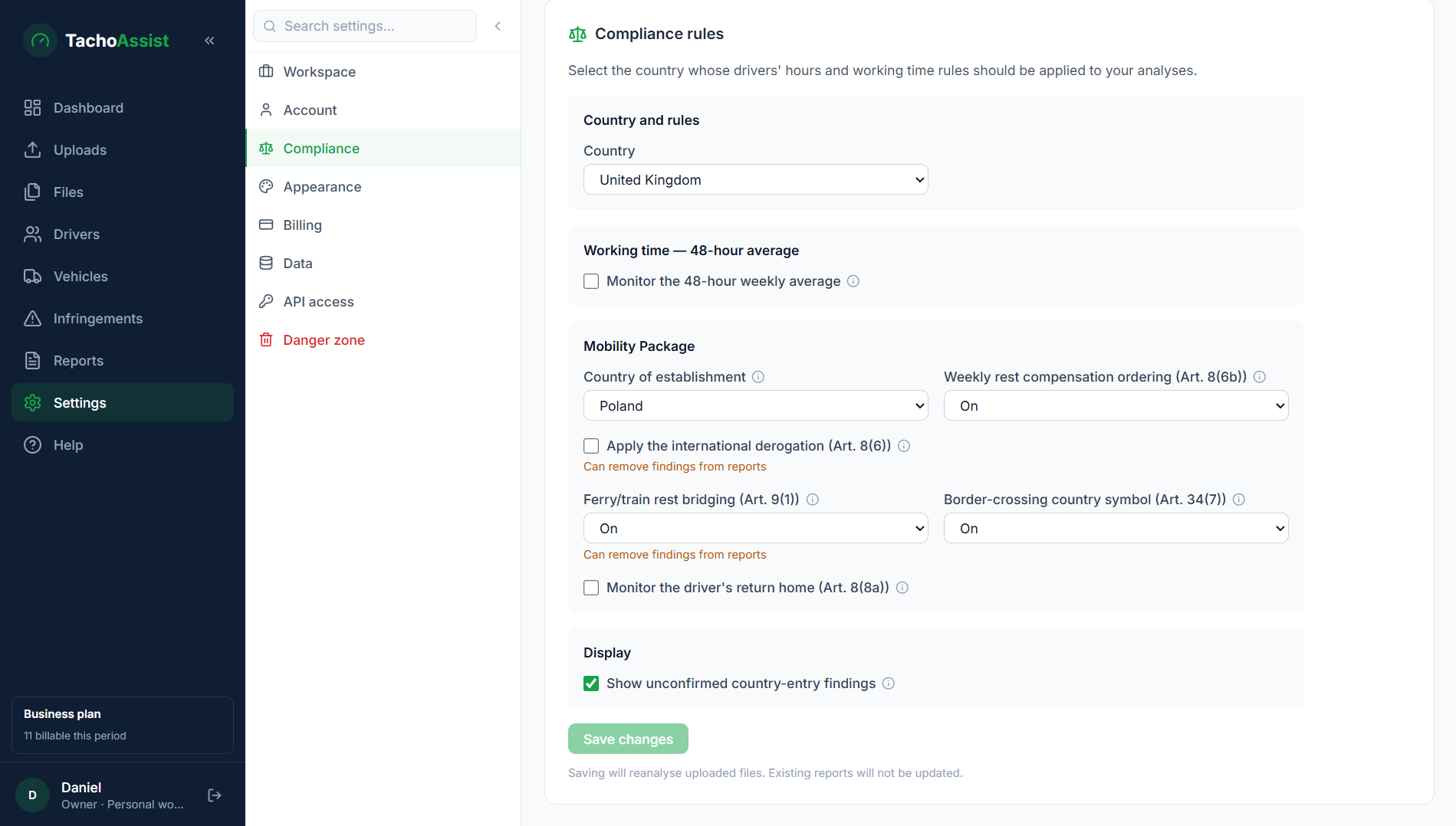 TachoAssist compliance settings for domestic rule sets, Working Time (WTD), Mobility Package checks and EU fine estimates