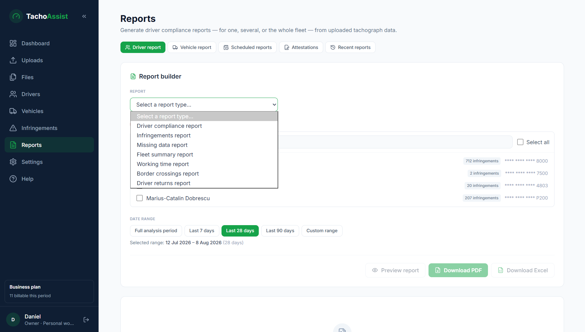TachoAssist driver report builder with compliance, infringement, missing-data, fleet, WTD, border-crossing and return-home reports