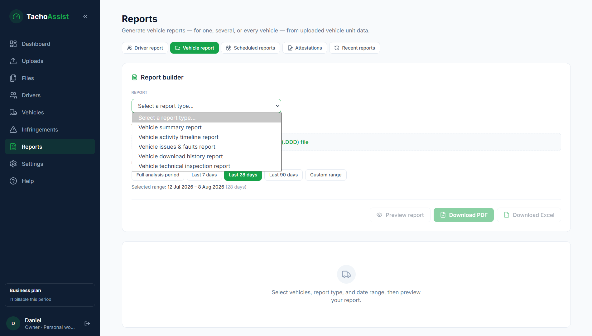 TachoAssist vehicle unit report builder with vehicle summary, activity, issues, download history and inspection reports