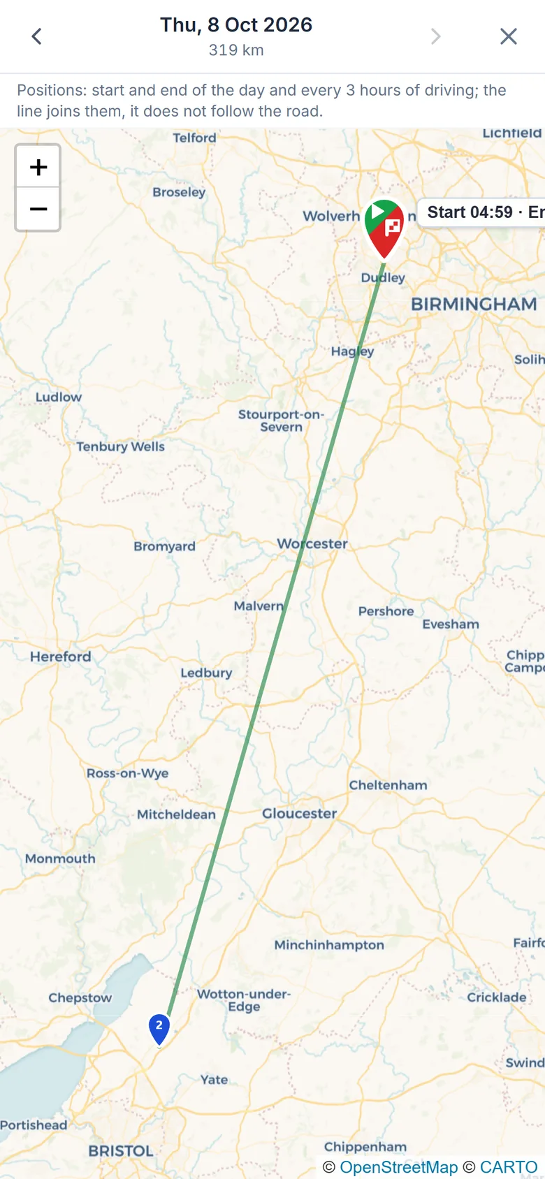 TachoAssist Driver on a phone: a day’s route with start and finish positions and the distance driven