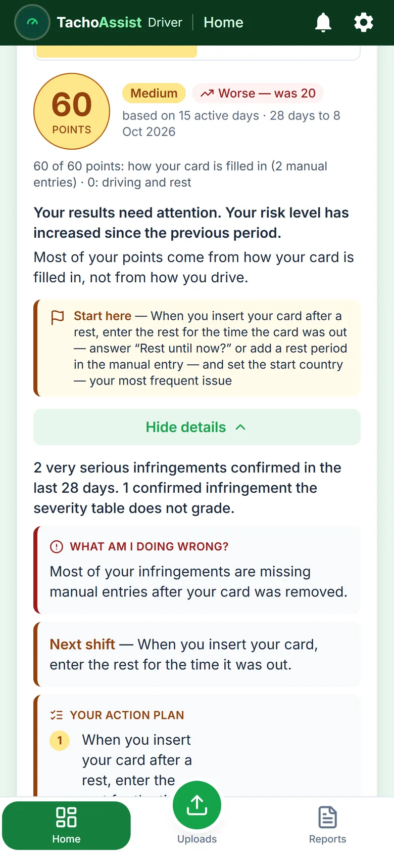 TachoAssist Driver on a phone: the risk score with an action plan ranked by the points each habit costs